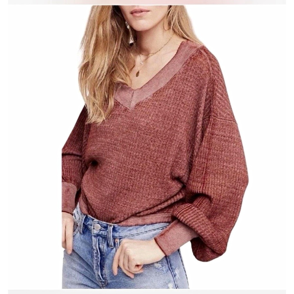 Free People We The Free South Side Thermal Top S Cinnamon Rust V Neck Waffle